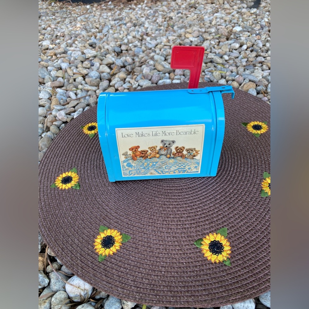 Kids small, blue novelty mailbox featuring an illustration of several teddy bear